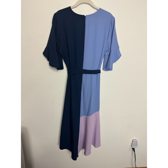 Hutch Small Colorblock Crepe Faux Wrap Midi Dress Blue Purple Flutter Sleeve - Picture 12 of 13